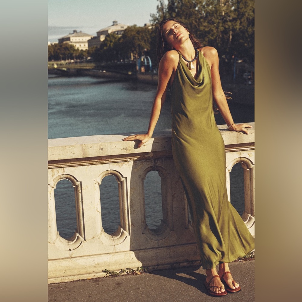 Zara midi slip dress. Olive green.